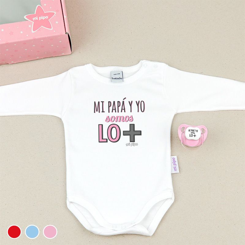 Cajita Divertida Body manga larga + Chupete Mi Papá y Yo somos lo Más