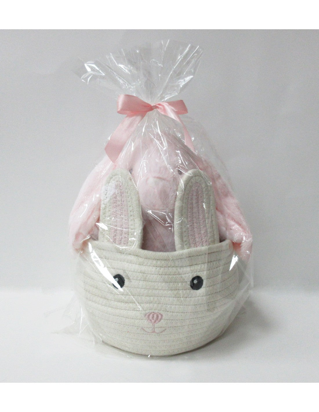 SET CESTA CON PELUCHE Y MANTA PARA BEBÉ CONEJO ROSA