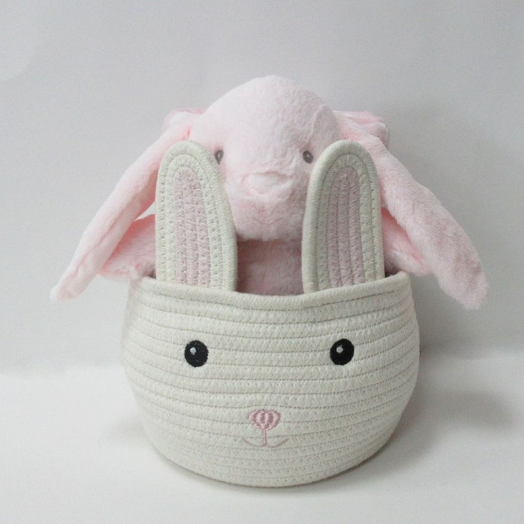 SET CESTA CON PELUCHE Y MANTA PARA BEBÉ CONEJO ROSA