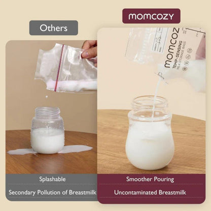 Bolsas de almacenamiento de leche materna con boquilla de vertido fácil y cierre zip triple.