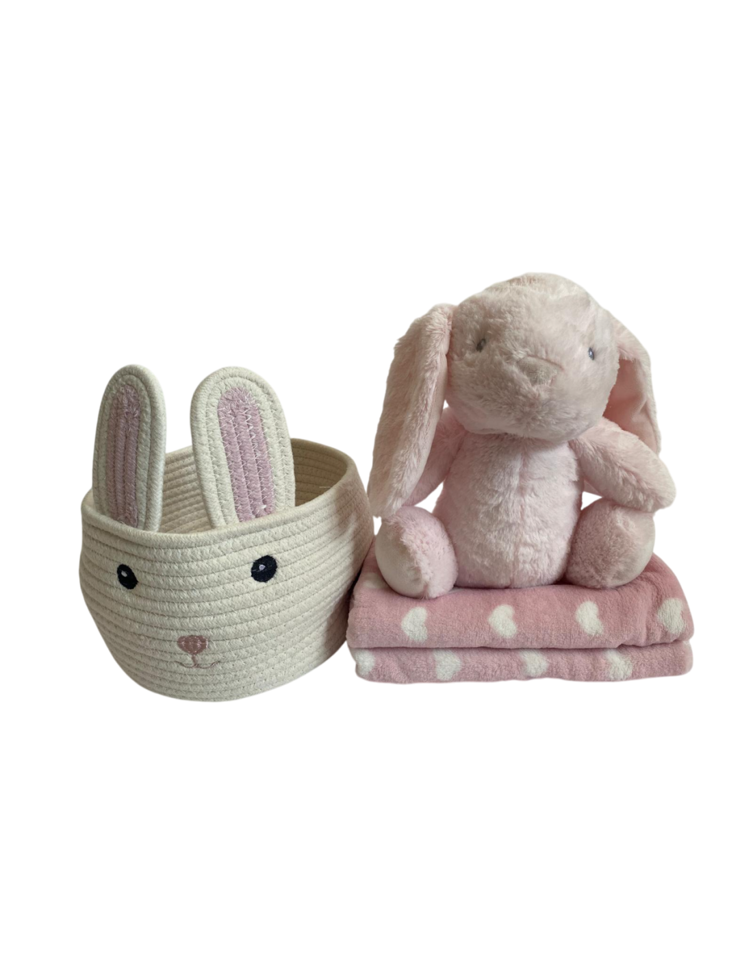 SET CESTA CON PELUCHE Y MANTA PARA BEBÉ CONEJO ROSA