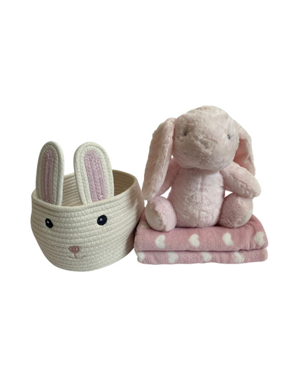 SET CESTA CON PELUCHE Y MANTA PARA BEBÉ CONEJO ROSA