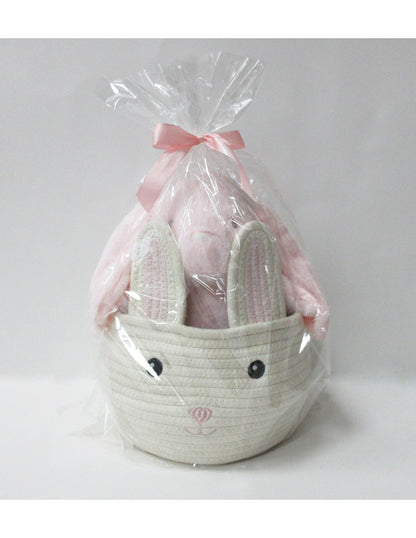 SET CESTA CON PELUCHE Y MANTA PARA BEBÉ CONEJO ROSA